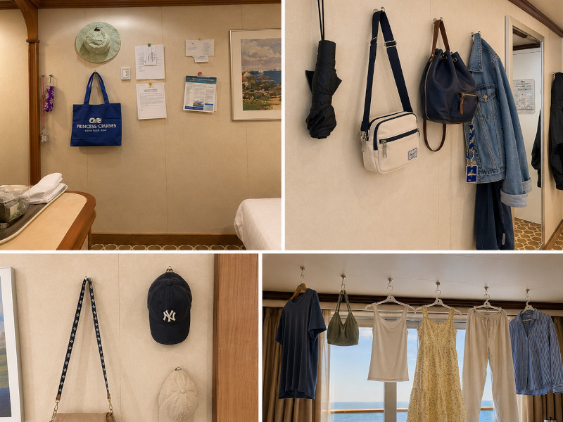 Collage of magnetic hooks in cruise cabin holding clothes, bags, hats and more