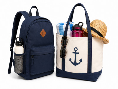 Backpack and tote bag hanging from cruise cabin magnetic hook