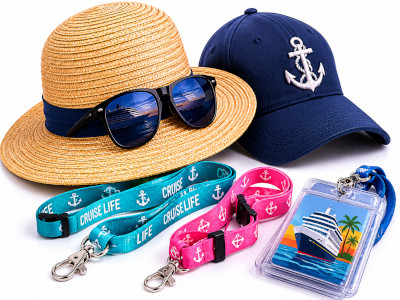 Hats and lanyards for cruise cabin magnets