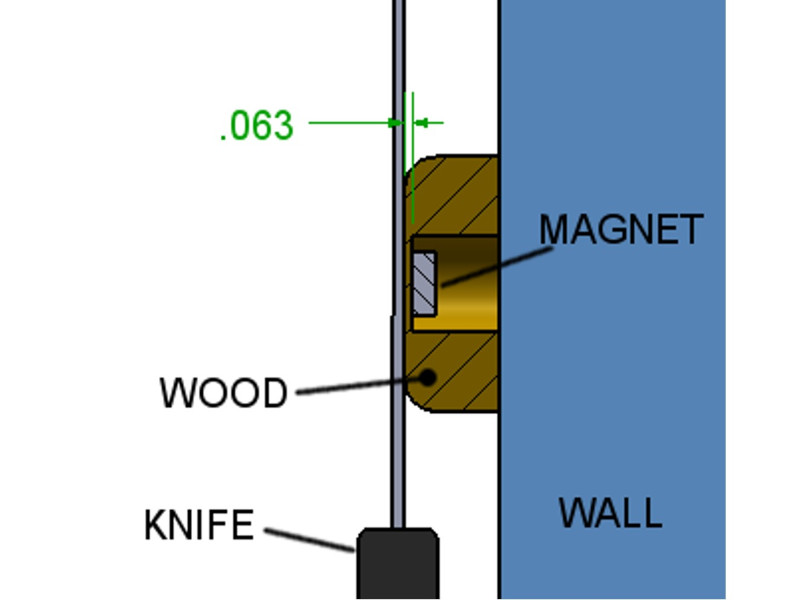 Cross section of our magnetic knife holder with a knife attached