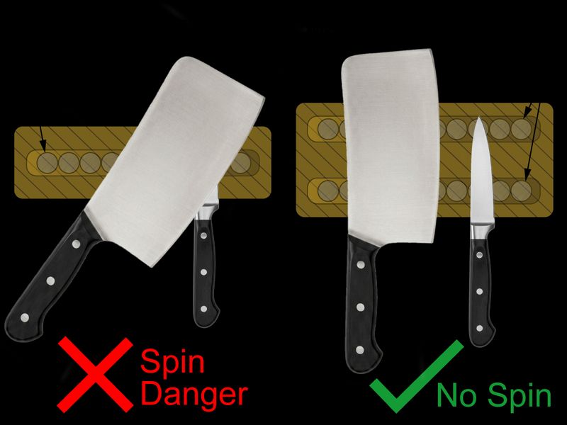 Magnetic knife holder magnetic array diagram showing spin danger when mounting larger knives with a single row of magnets