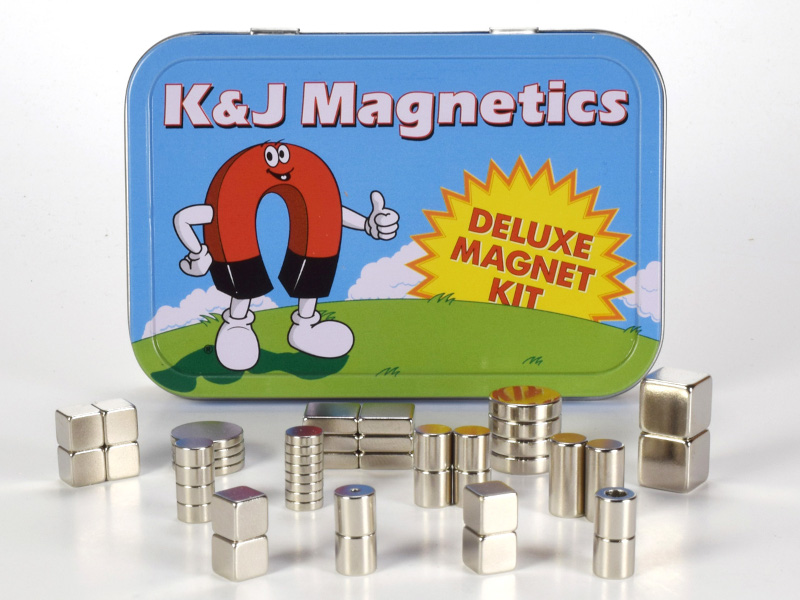 Assortment of neodymium magnets of all shapes and sizes in our sample kit tin