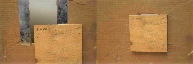 An on/off shot of the plywood sticking to the cardboard