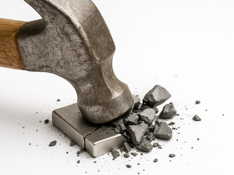 Hammer shattering brittle neodymium magnet