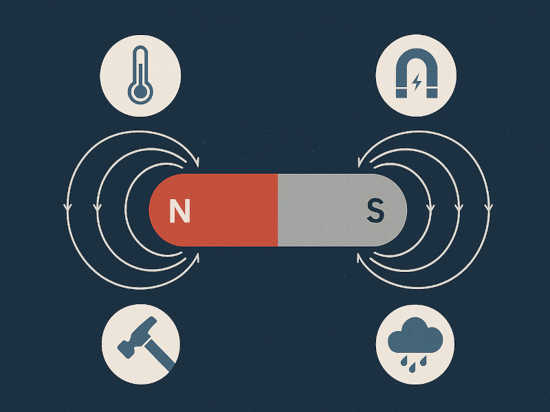 Magnet with icons showing ways it can lose its strength