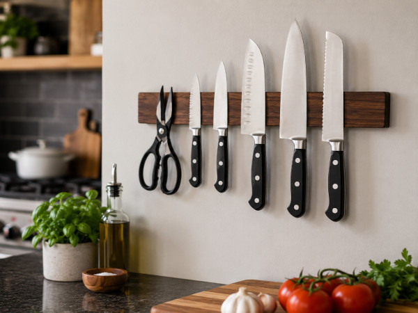 Strong neodymium magnets safely holding kitchen knives to wooden block and decluttering counter top
