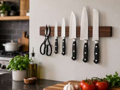 Strong neodymium magnets safely holding kitchen knives to wooden block and decluttering counter top